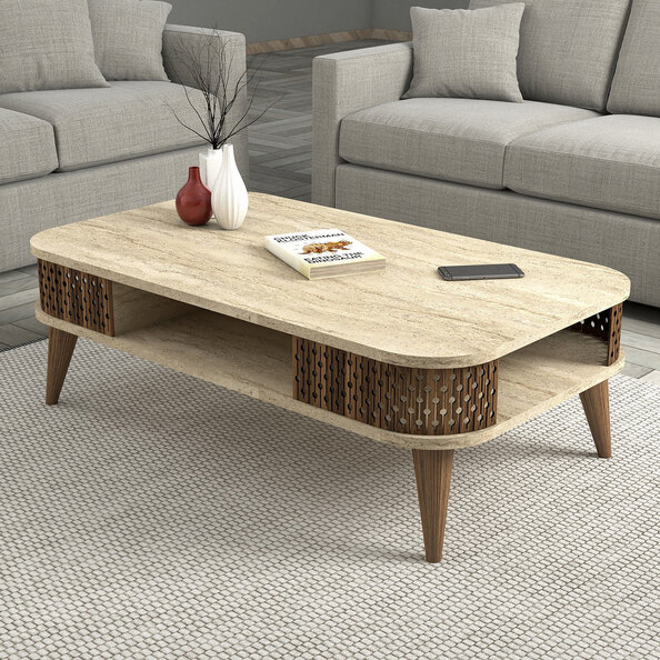 Eylul Wooden Coffee Table in Travertine Marble Effect