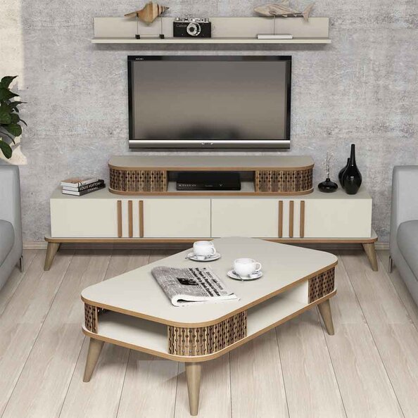 Eylul Wooden Entertainment Unit and Coffee Table Set in Cream and Oak