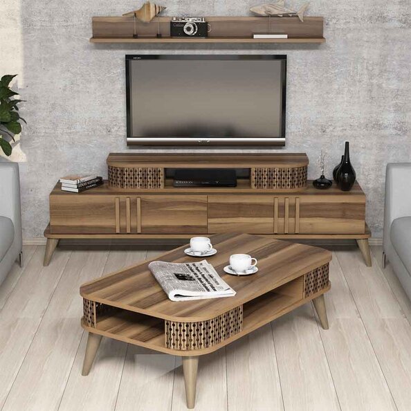 Eylul Wooden Entertainment Unit and Coffee Table Set in Walnut