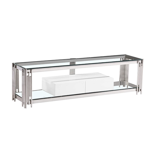 Falan Clear Glass TV Stand With White High Gloss Drawer