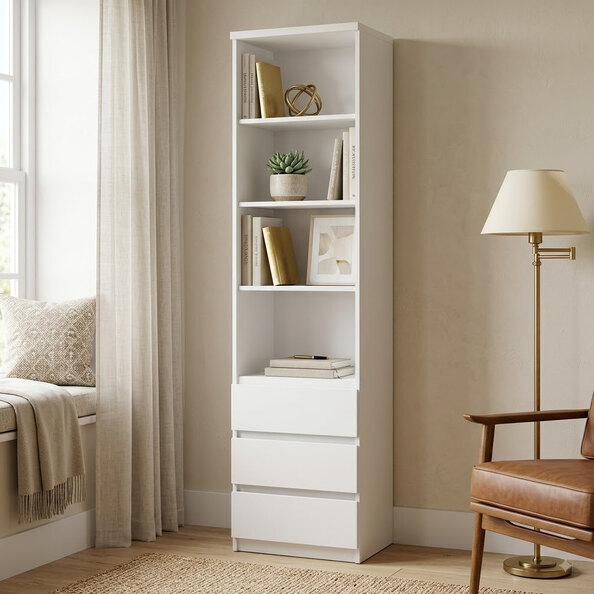 Felton Wooden Bookcase With 4 Shelves And 3 Drawers In White
