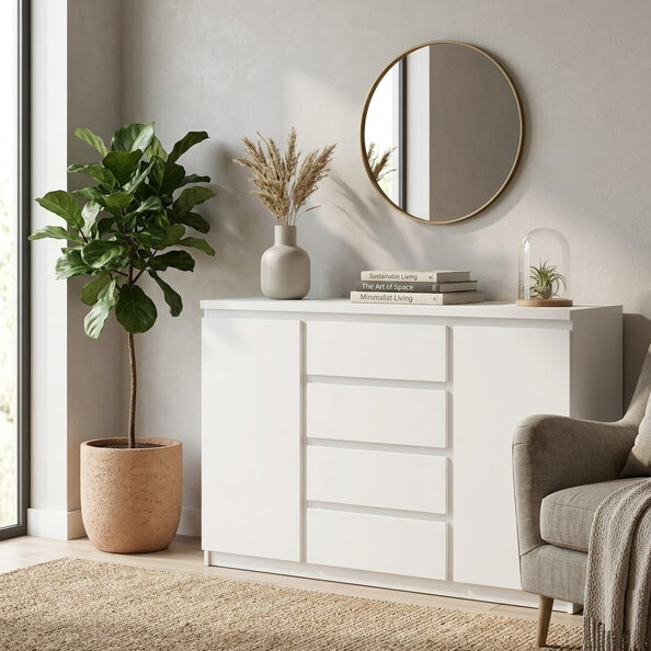 Felton Small Wooden Sideboard with 2 Doors and 4 Drawers in White
