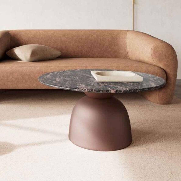 Farmville Round Brown Cocoa Marble Top Coffee Table with Bronze Steel Base