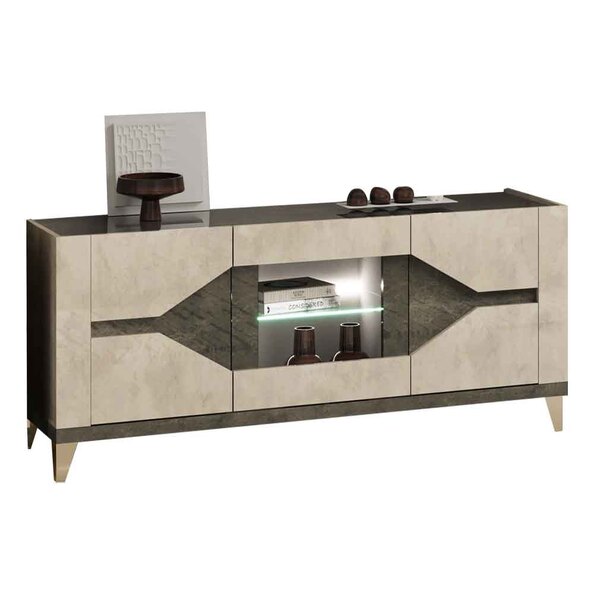 Fabio High Gloss Sideboard with 3 Doors in Warm Grey Marble Effect and LED