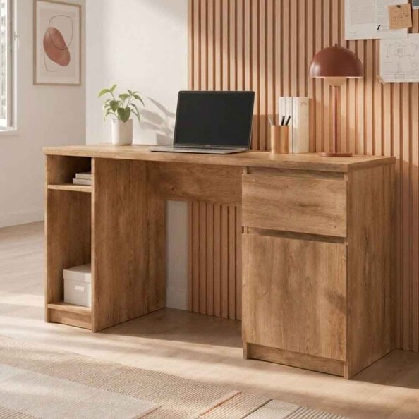 Felton Wooden Laptop Desk with 1 Door 1 Drawer in Oak