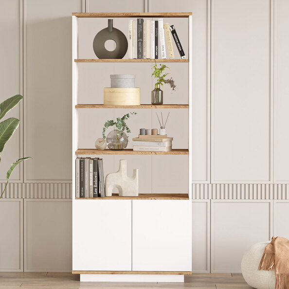 Felyn Wooden Bookcase with 2 Doors 4 Shelves in Atlantic Pine and White