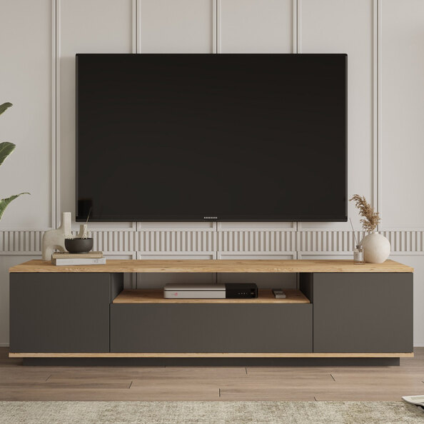 Felyn Wooden TV Stand with 3 Flap Doors in Atlantic Pine and Anthracite