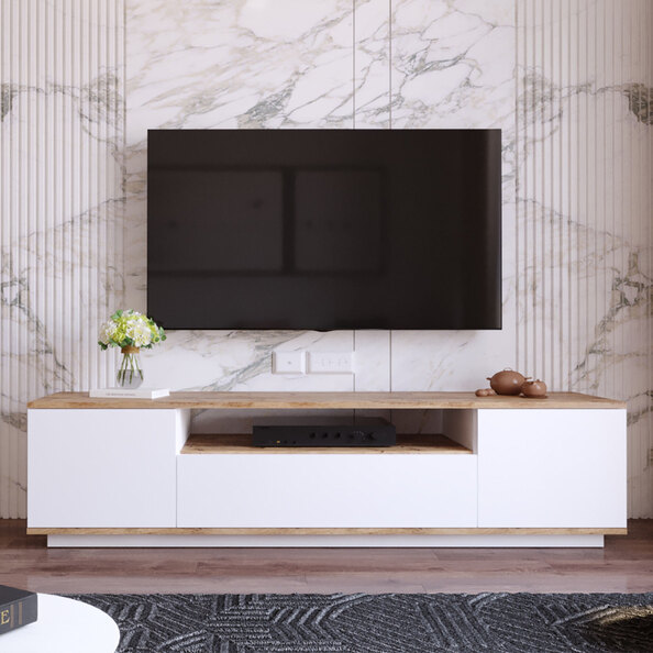 Felyn Wooden TV Stand with 3 Flap Doors in Atlantic Pine and White