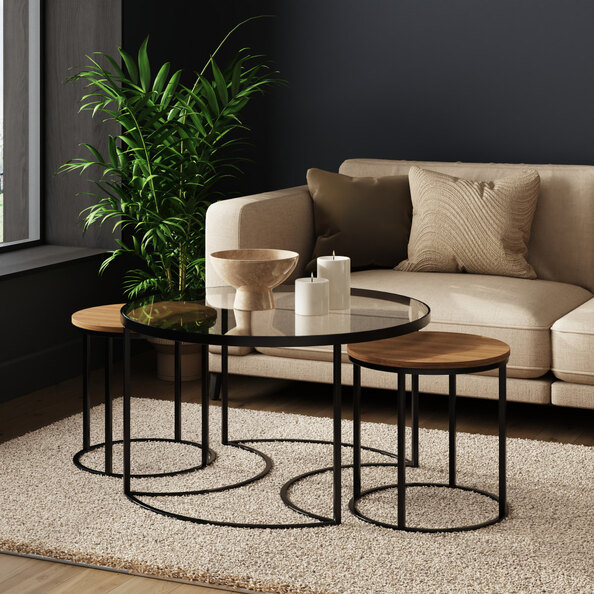 Fenaro Wooden Nesting 3 Tables with Clear Glass Top in Oak