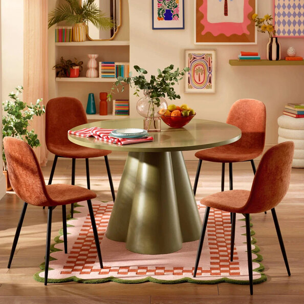 Fenlora Round Green Wooden Dining Table with 4 Keno Terracotta Fabric Chairs