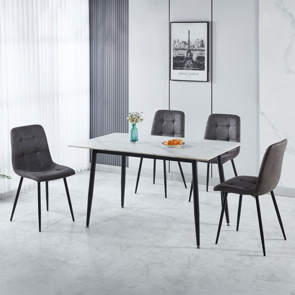 Fenvio White Marble Stone Effect Dining Table with 4 Dark Grey Chairs