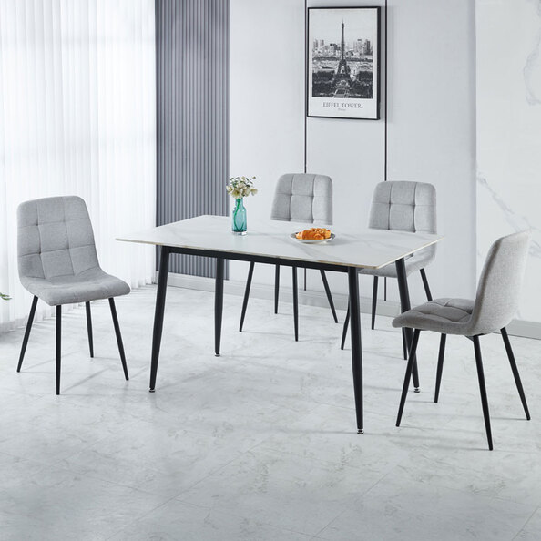 Fenvio White Marble Stone Effect Dining Table with 4 Light Grey Chairs