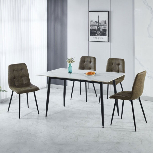 Fenvio White Marble Stone Effect Dining Table with 4 Olive Green Chairs
