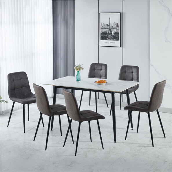 Fenvio White Marble Stone Effect Dining Table with 6 Dark Grey Chairs