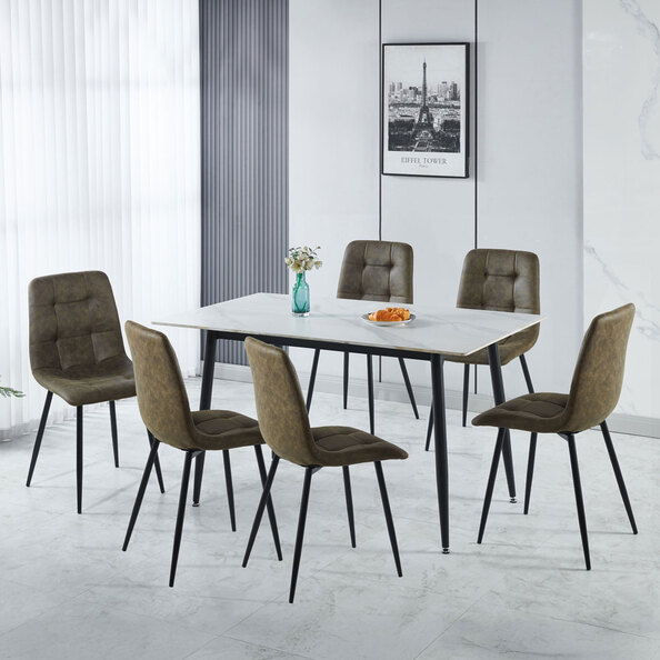Fenvio White Marble Stone Effect Dining Table with 6 Olive Green Chairs