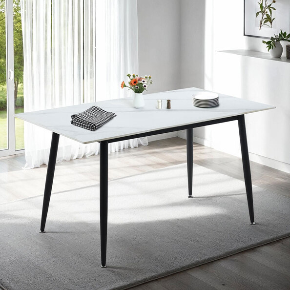 Fenvio White Marble Stone Effect Dining Table with Metal Frame