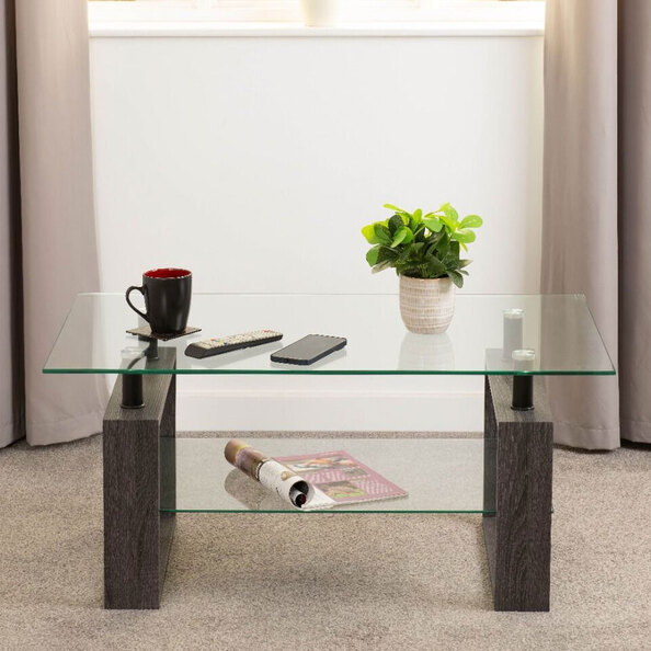 Ferionis Glass Top Coffee Table with Black Wood Grain Base