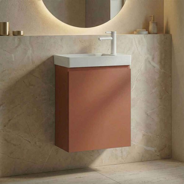 Ferla 400mm Wooden Wall Mounted Vanity Unit & Basin with 1 Door in Matte Cinnamon