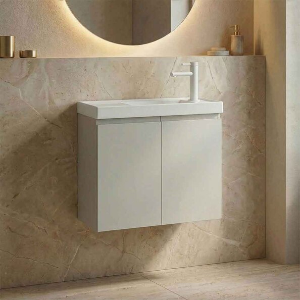 Ferla 600mm Wooden Wall Mounted Vanity Unit & Basin with 2 Doors in Matte Cashmere