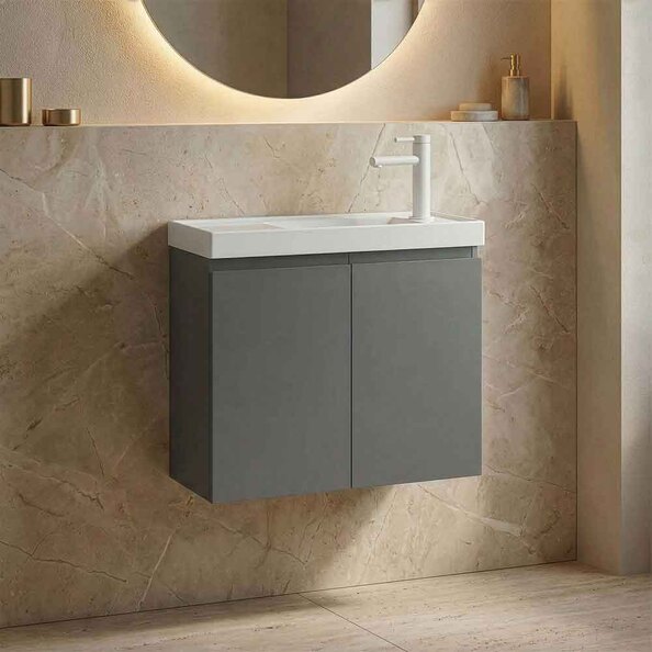 Ferla 600mm Wooden Wall Mounted Vanity Unit & Basin with 2 Doors in Matte Grey