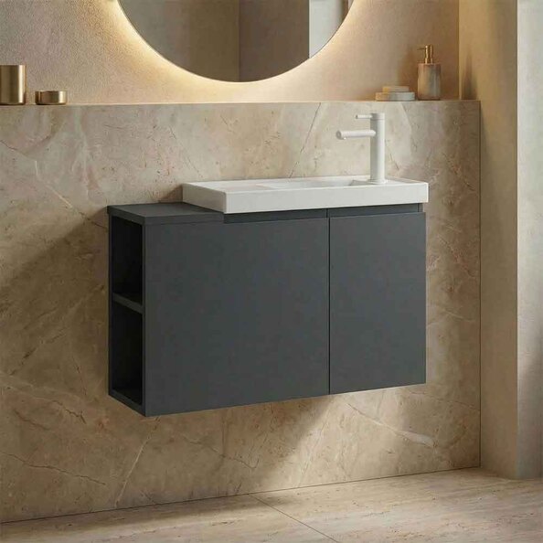 Ferla 800mm Wooden Wall Mounted Vanity Unit & Basin with 2 Doors in Matte Anthracite