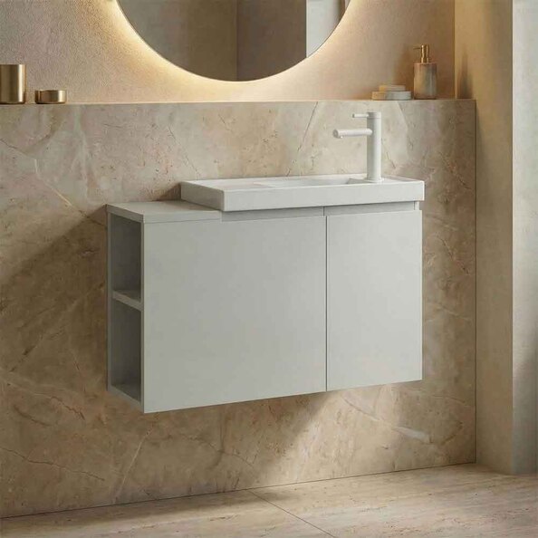 Ferla 800mm Wooden Wall Mounted Vanity Unit & Basin with 2 Doors in Matte Cashmere