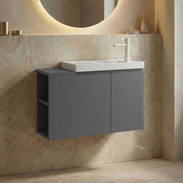 Ferla 800mm Wooden Wall Mounted Vanity Unit & Basin with 2 Doors in Matte Grey