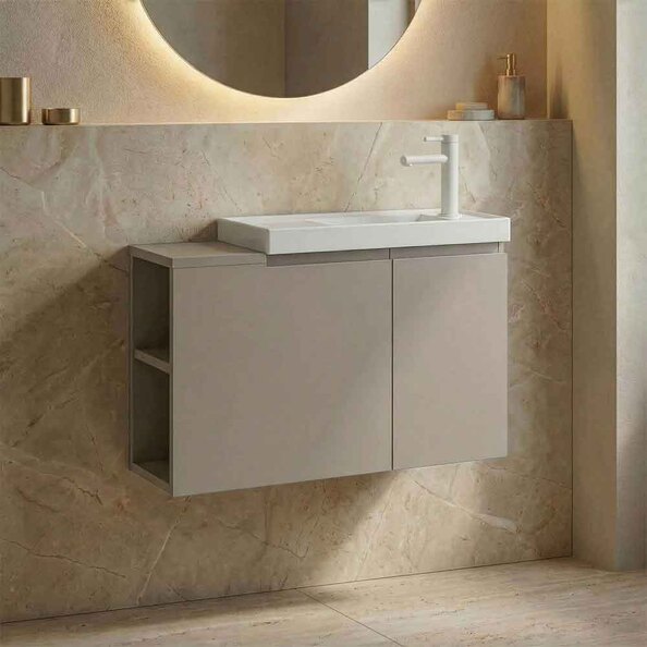 Ferla 800mm Wooden Wall Mounted Vanity Unit & Basin with 2 Doors in Matte Mink