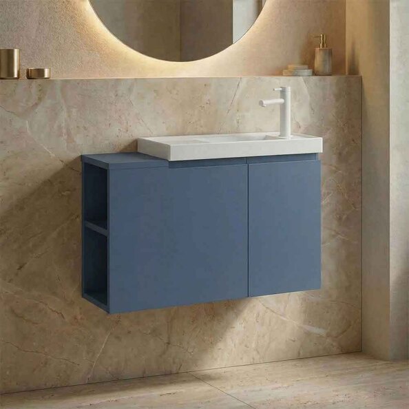 Ferla 800mm Wooden Wall Mounted Vanity Unit & Basin with 2 Doors in Petrol Blue