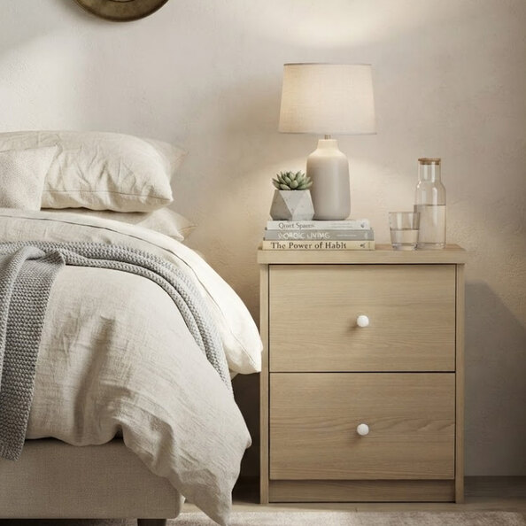 Ferlano Wooden Bedside Cabinet with 2 Drawers in Oak