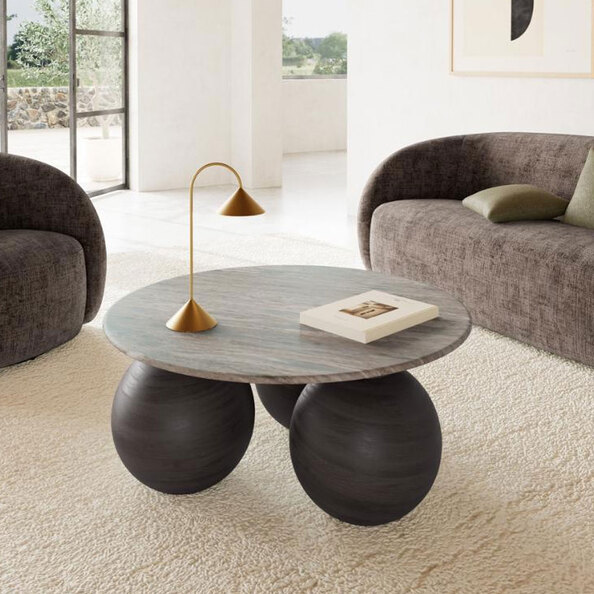 Fexira Grey Toronto Polished Marble Top Coffee Table with Brown Sandblasted Base