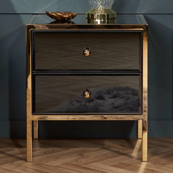 Finback Black Glass Bedside Cabinet With Gold Frame