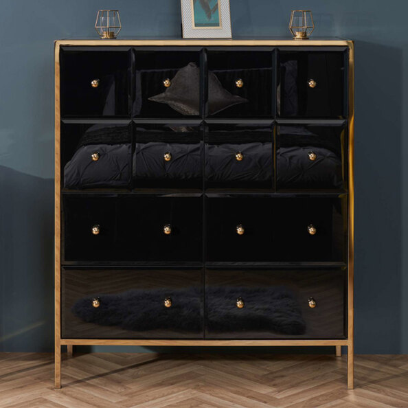 Finback Black Glass Chest Of 12 Drawers With Gold Frame