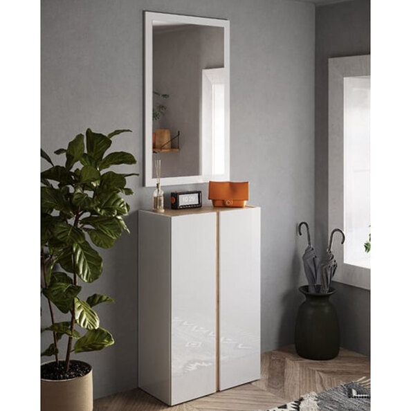 Flint Narrow High Gloss Shoe Cabinet With Mirror In White Cadiz Oak