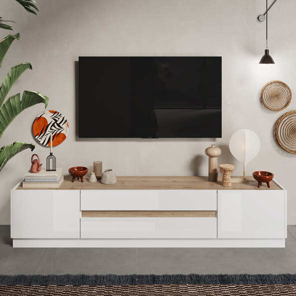 Flores White Gloss TV Stand With 2 Doors 2 Drawers In Light Oak
