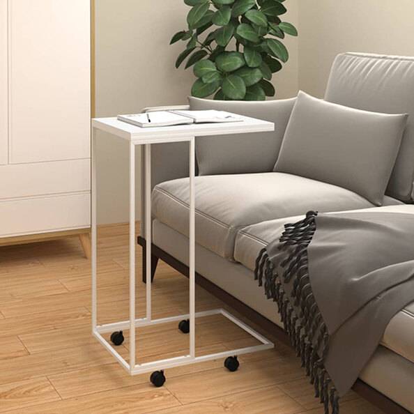 Flores Wooden Side Table In White With Wheels With White Frame