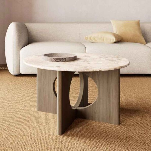 Fomaro Round Travertine Marble Effect Top Coffee Table with Smoked Oak Base