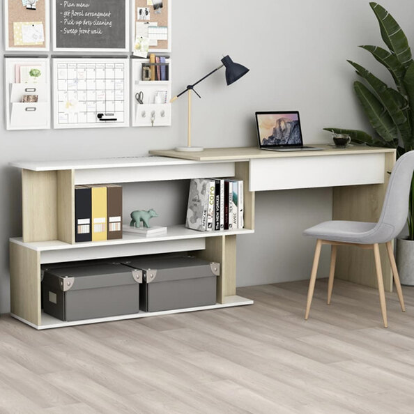 Fowey Wooden Laptop Desk Corner In White And Sonoma Oak
