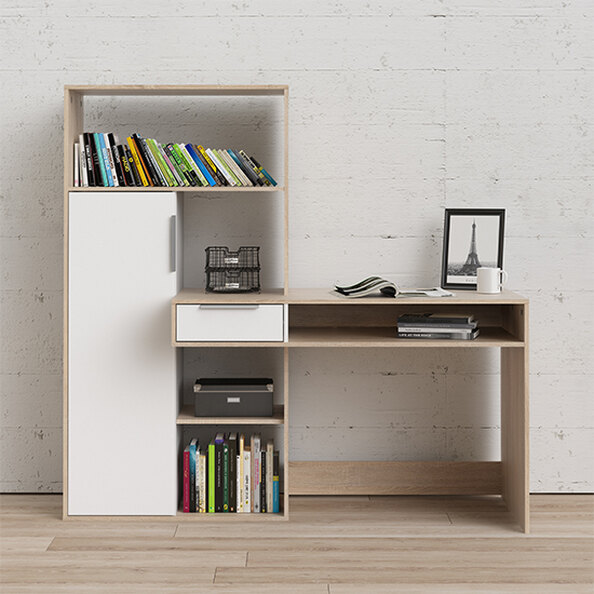 Frosk Wooden Laptop Desk With 1 Door 5 Shelves In White And Oak