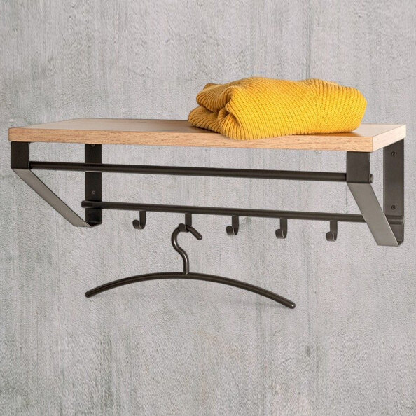 Gadsden Metal Wall Coat Rack With Oak Shelf In Black