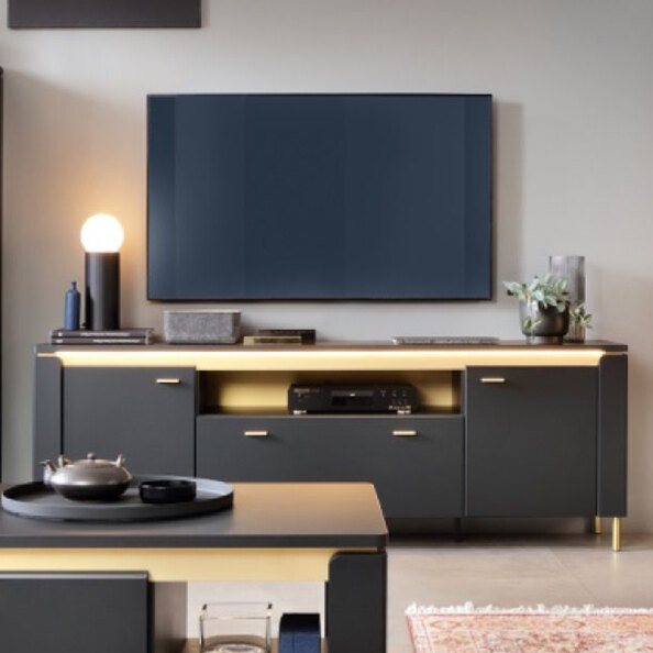 Gaffney Wooden TV Stand With 2 Doors In Matt Black Gold and LED
