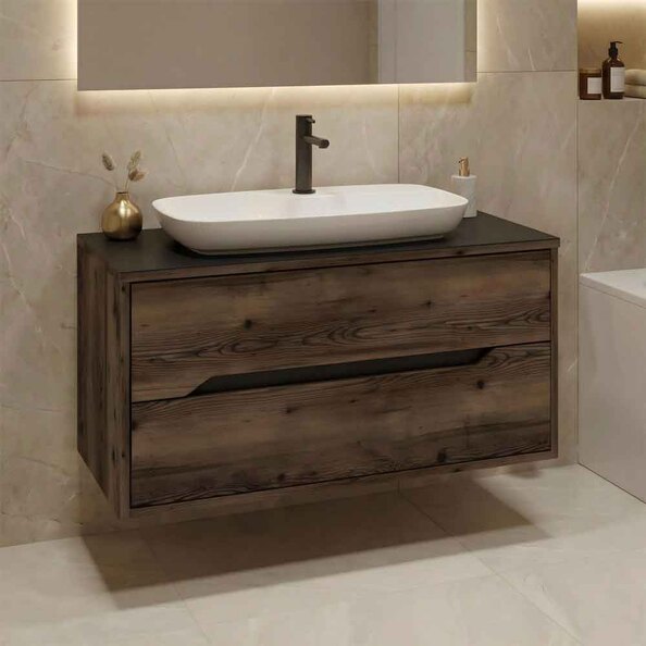 Galia 1000mm Wooden Wall Mounted Vanity Unit & Basin with 2 Drawers in Dark Walnut