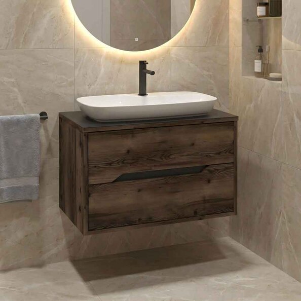 Galia 800mm Wooden Wall Mounted Vanity Unit & Basin with 2 Drawers in Dark Walnut