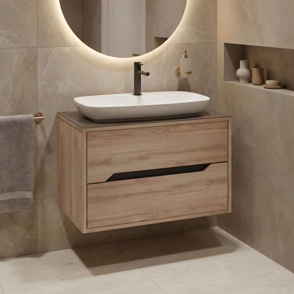 Galia 800mm Wooden Wall Mounted Vanity Unit & Basin with 2 Drawers in Oak