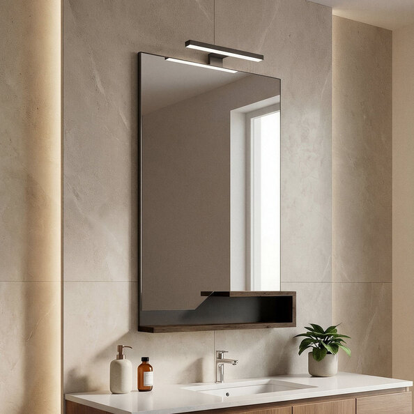 Galia Glass Bathroom Wall Mirror with Dark Walnut Wooden Frame and LED