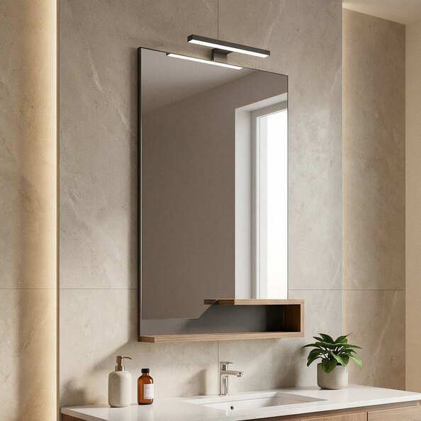 Galia Glass Bathroom Wall Mirror with Oak Wooden Frame and LED