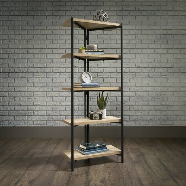 Indio Wooden Corner Bookcase With 4 Shelves In Charter Oak