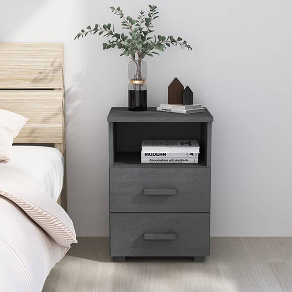 Garza Solid Pinewood Bedside Cabinet In Dark Grey