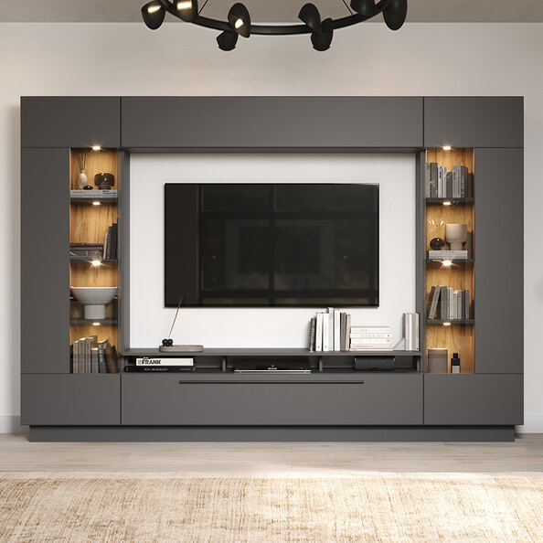Gavina Wooden Entertainment Unit in Anthracite and Evoke Oak with LED