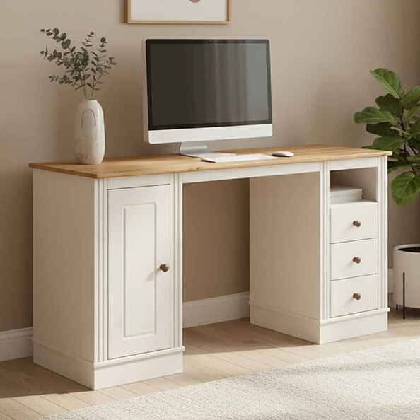Gavrel Wooden Laptop Desk with 3 Drawers in White and Honey